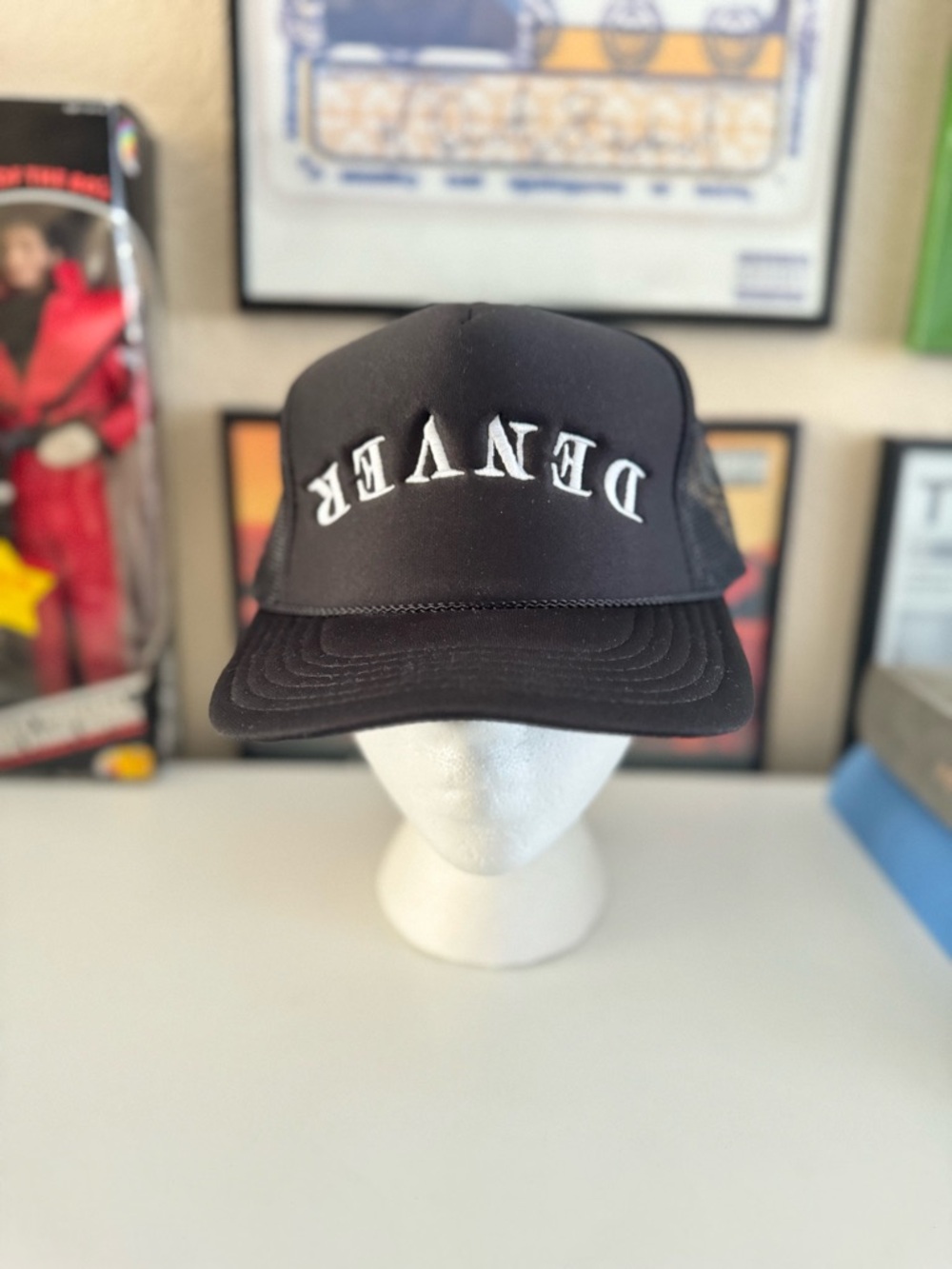 Black 'DENVER' Trucker Hat with White Embroidered Lettering